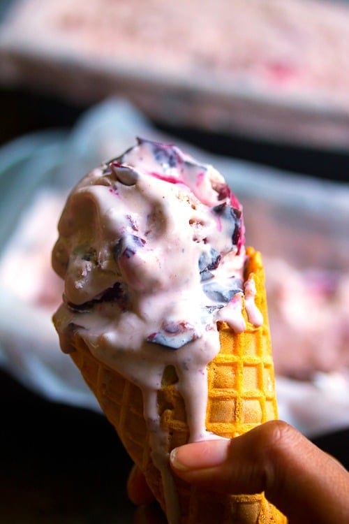 This ridiculously easy, ultra decedent Ben and Jerry inspired no-churn cherry chocolate chunk ice cream will give you all the delicious feels! | On Ty's Plate