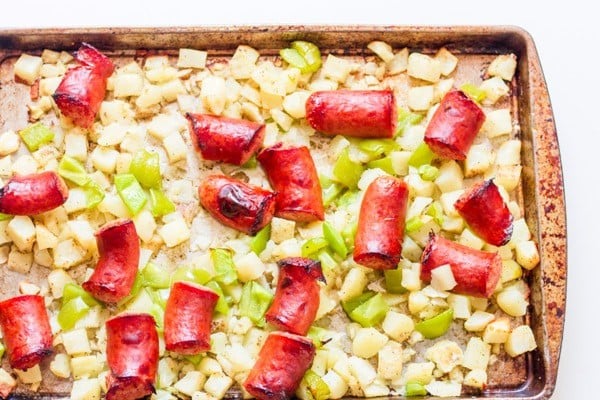 sausage and potatoes on a sheet pan