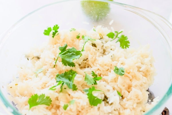 Cilantro lime rice in a glass bowl