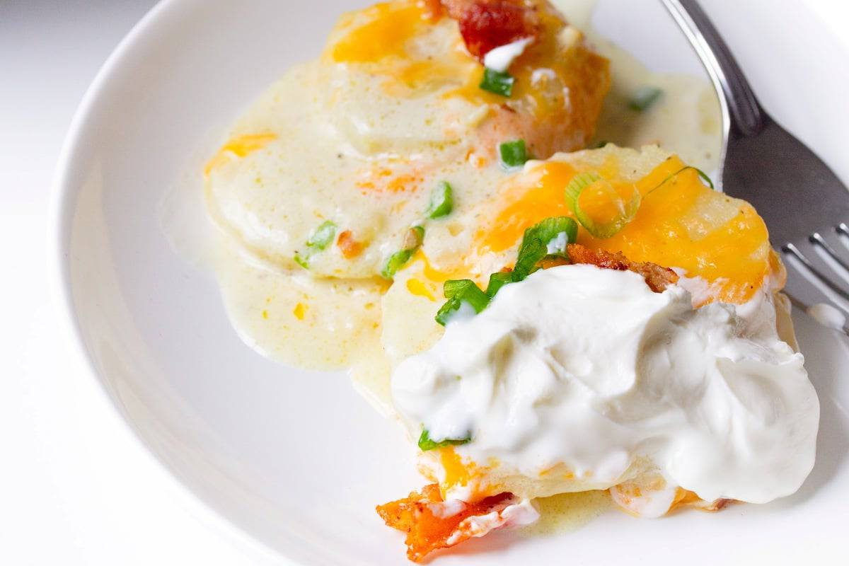 loaded baked potato casserole on a plate