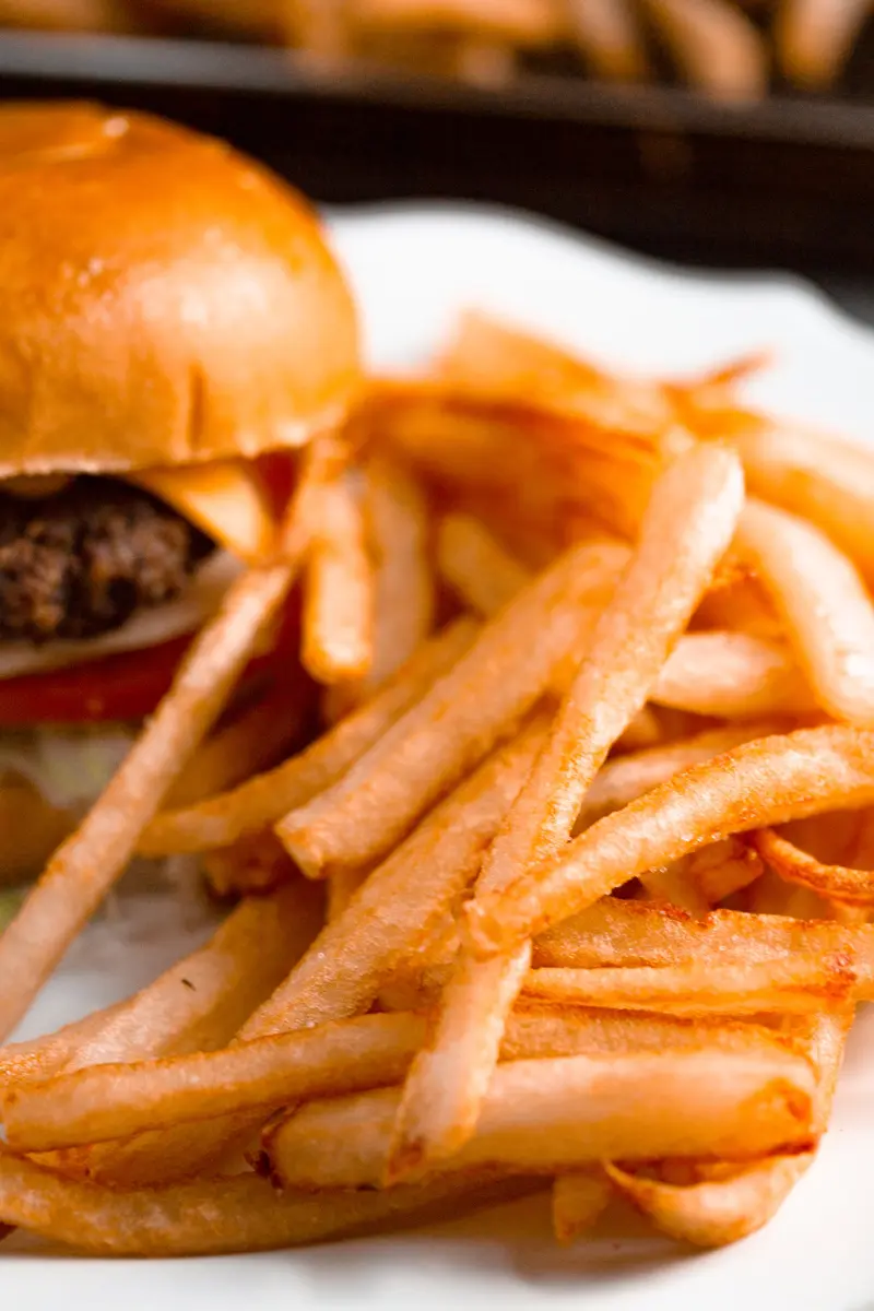 fries on a plate with a burger