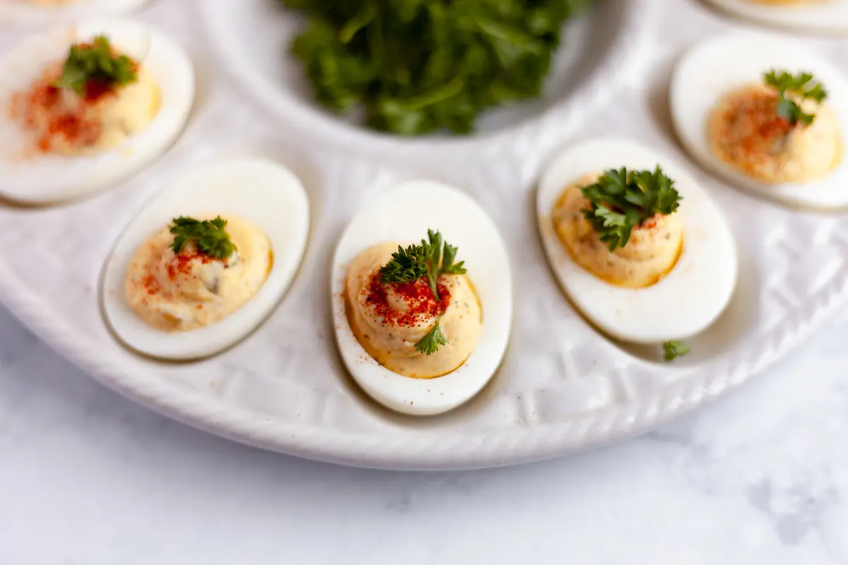 stuffed eggs on a try close up