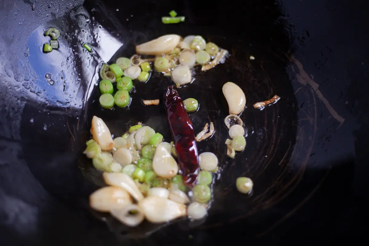 garlic and red chili in a wok