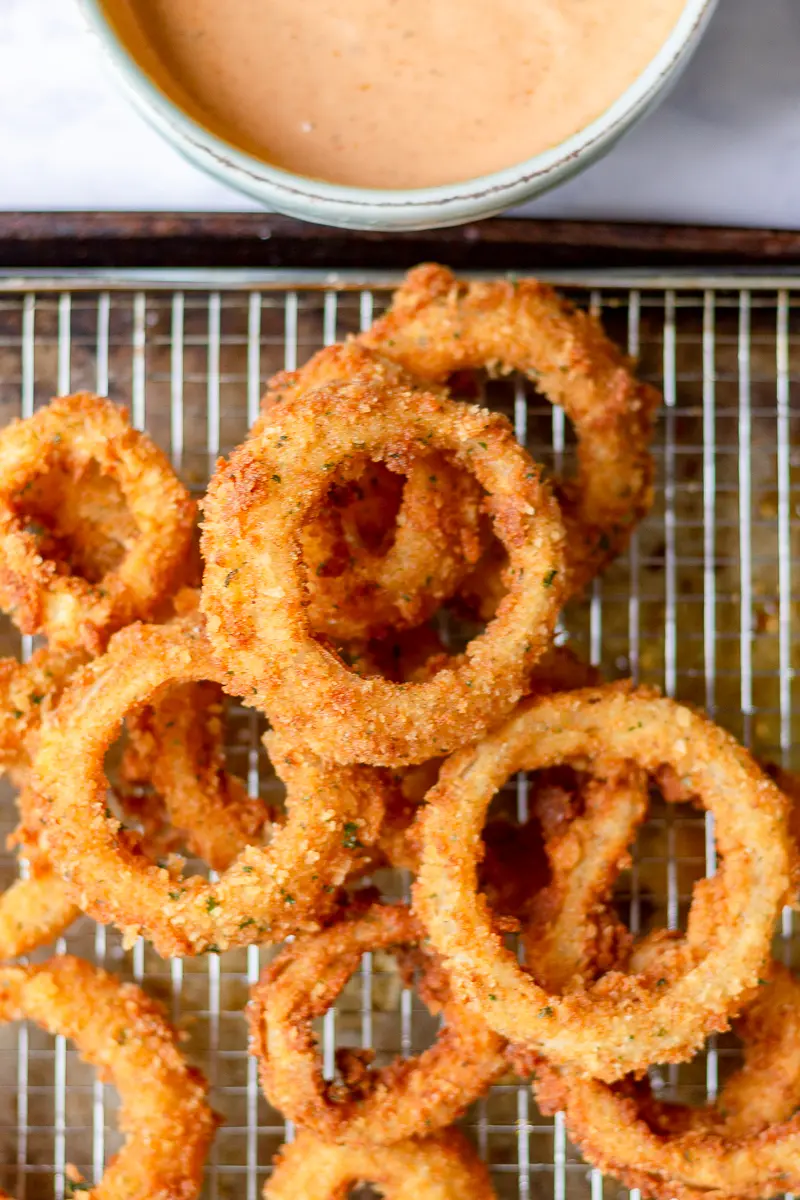 onion rings on a wire rack