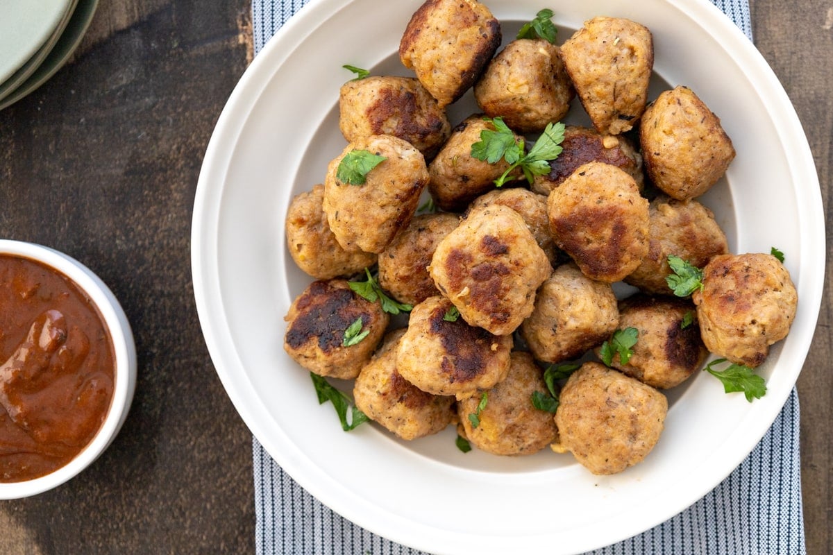 cooked italian turkey meatballs in a bowl